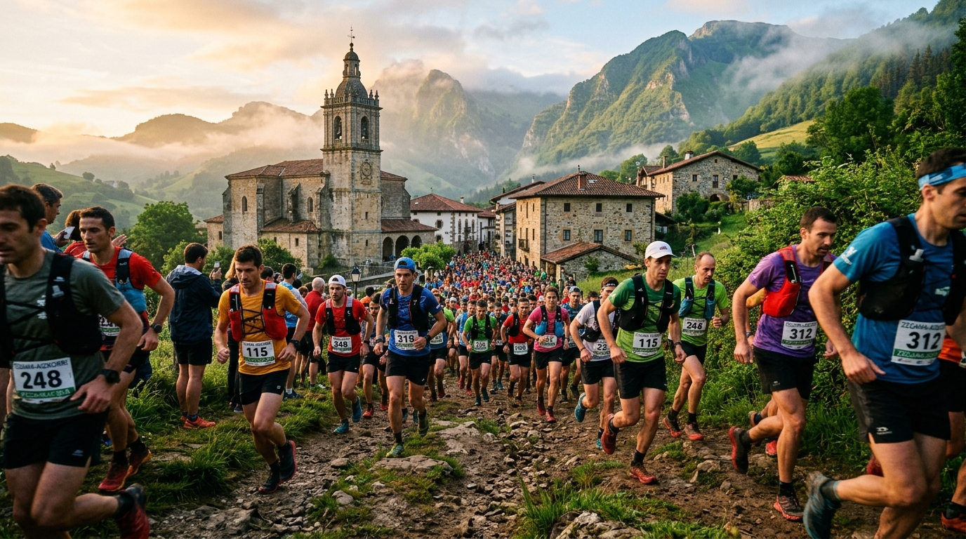 Hundreds of trail runners in colorful race bibs leaving the medieval village of Zegama at sunrise, stone church bell tow