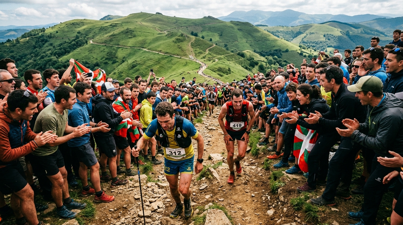 Trail runners in race bibs struggling up the steep narrow rocky Sancti Spiritu mountain path at Zegama marathon, hundred