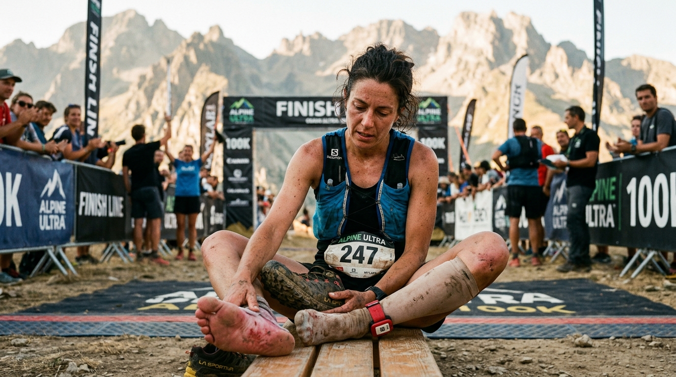 exhausted trail runner sitting at mountain ultra finish line removing trail running shoes revealing visibly swollen feet