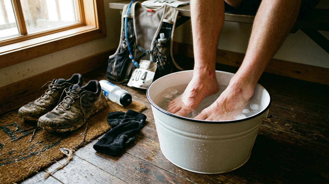 close-up of swollen runner feet submerged in icy cold water in white enamel bucket, compression socks and muddy trail ru