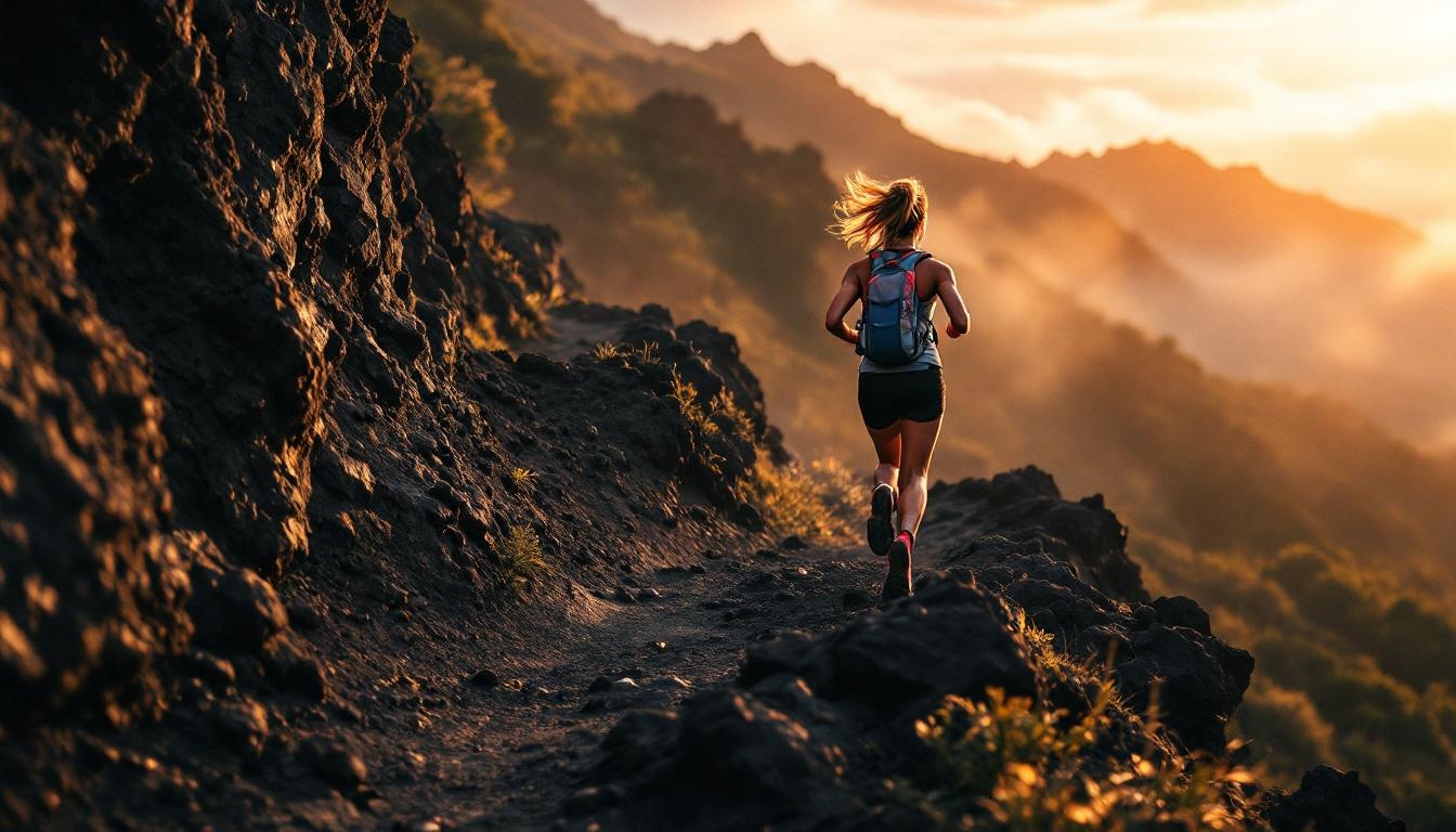Elite female trail runner moving fast along a volcanic ridgeline on La Palma Canary Islands, black lava rock flanking na