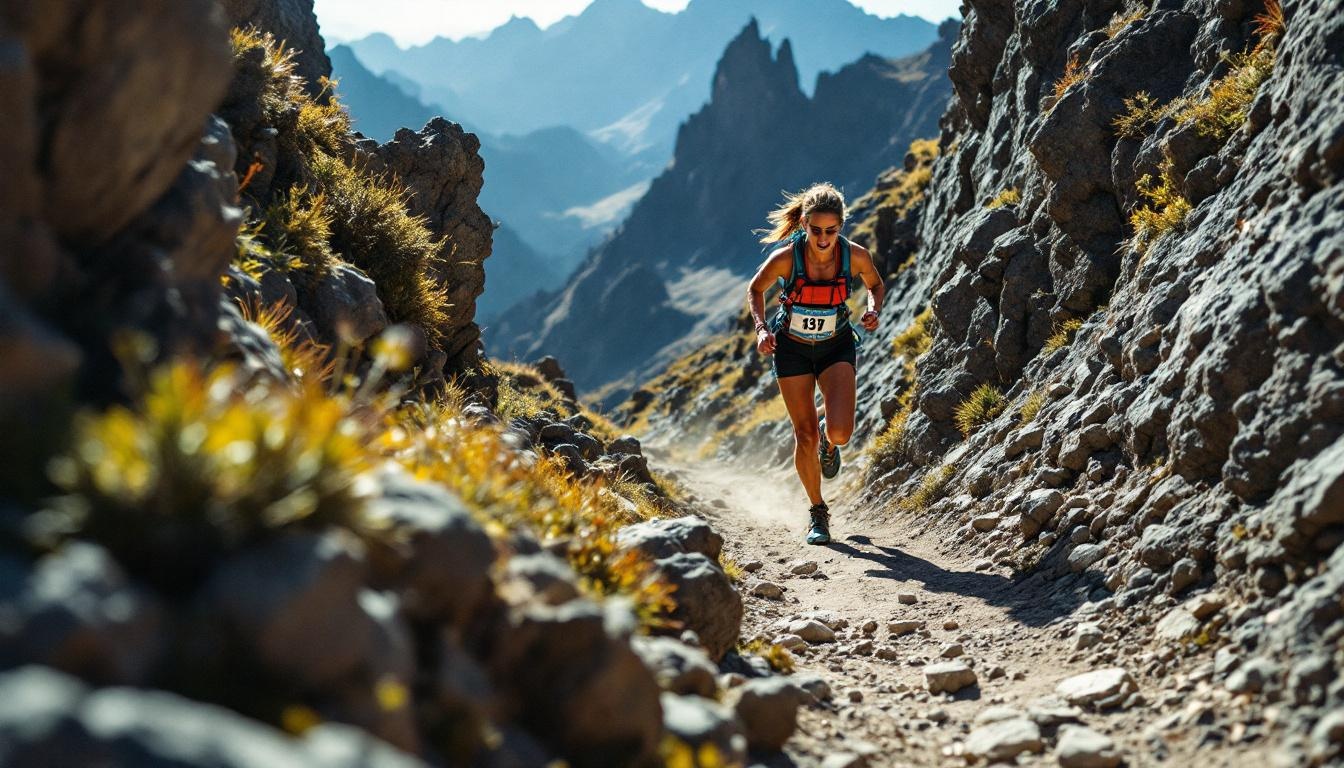 Female ultrarunner navigating steep rocky descent during a mountain trail race, dramatic jagged peaks in background, rac