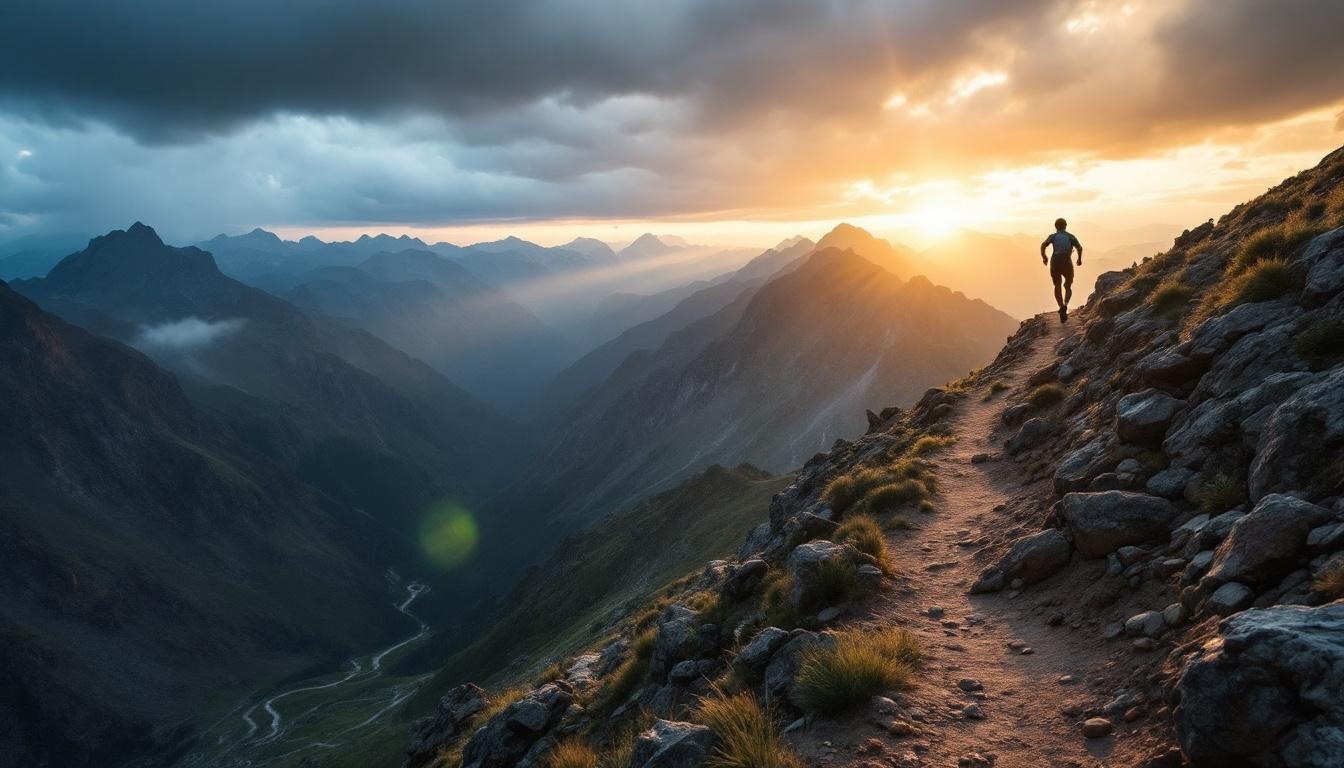 Kilian Jornet running alone on a high-altitude rocky ridge in the Colorado Rocky Mountains at golden hour, dramatic stor