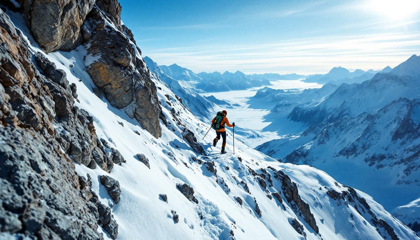 Trail runner crossing a steep snow-covered couloir near the summit of Denali in Alaska, wearing crampons and carrying sk