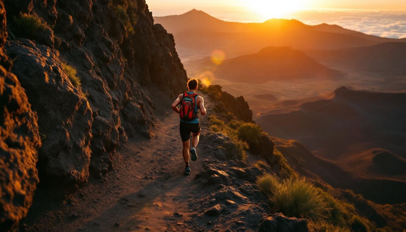 Elite trail runner climbing steep volcanic ridge at sunrise on La Palma Canary Islands, dramatic lava rock landscape wit