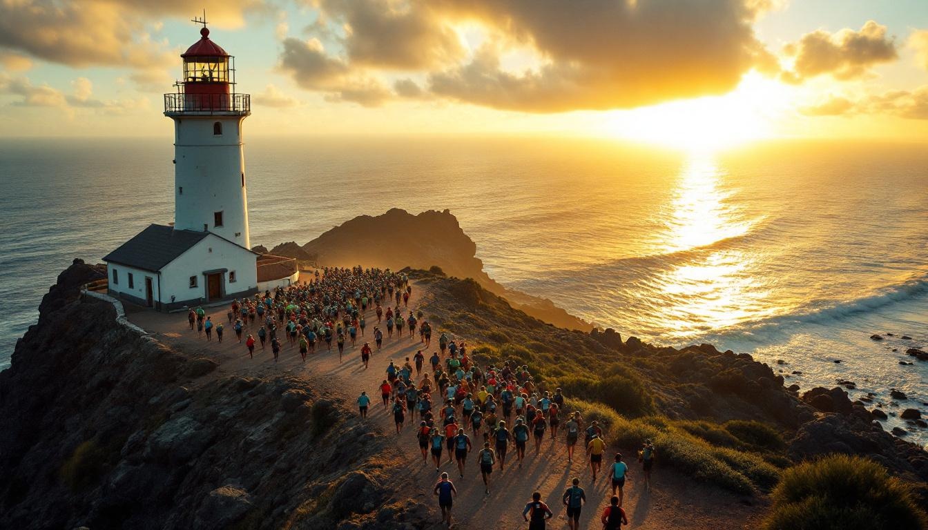Hundreds of trail runners at start line near Faro de Fuencaliente lighthouse at dawn, La Palma island Canary Islands, At