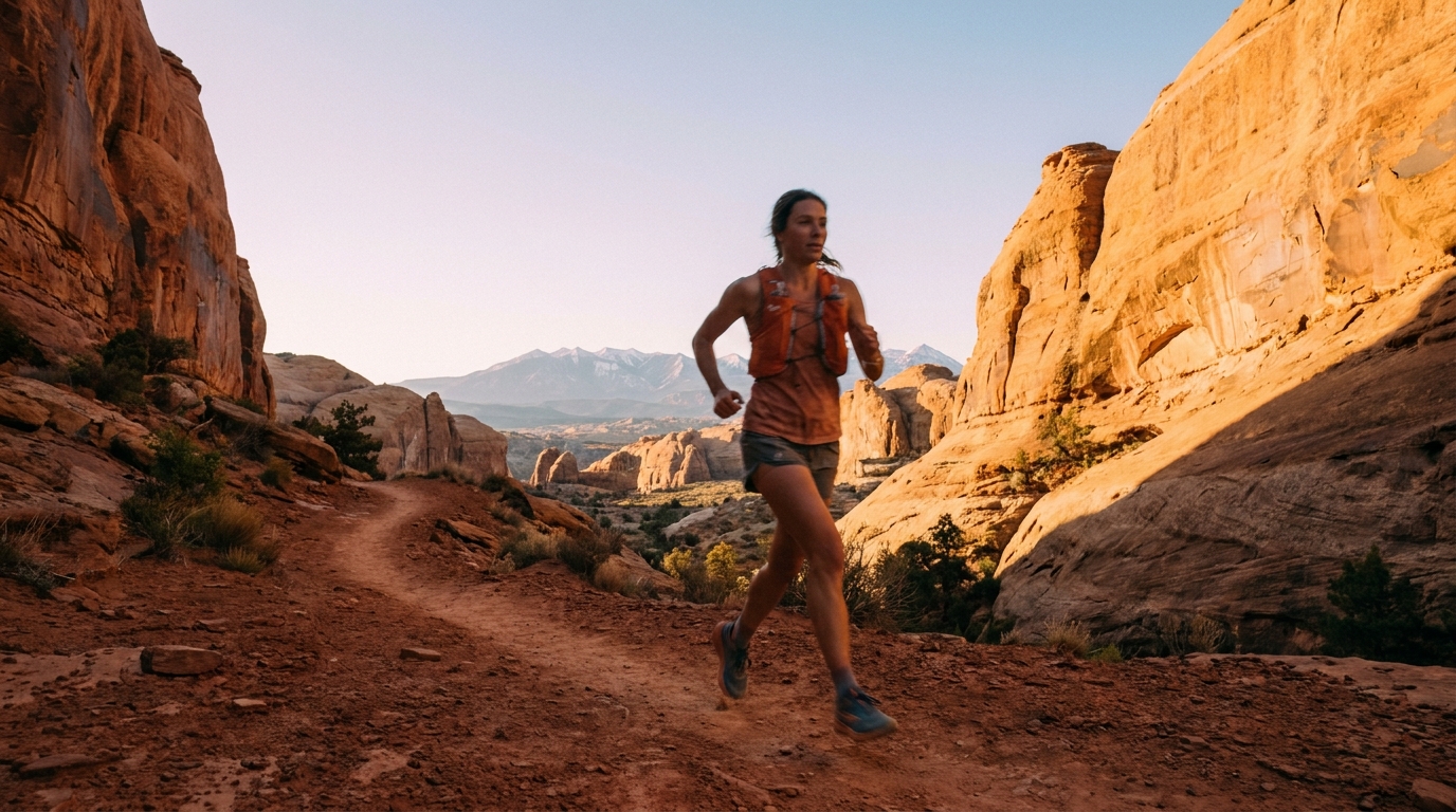 Female ultramarathon runner moving fast along a narrow red sandstone trail in Moab Utah at sunrise, wearing an orange hy