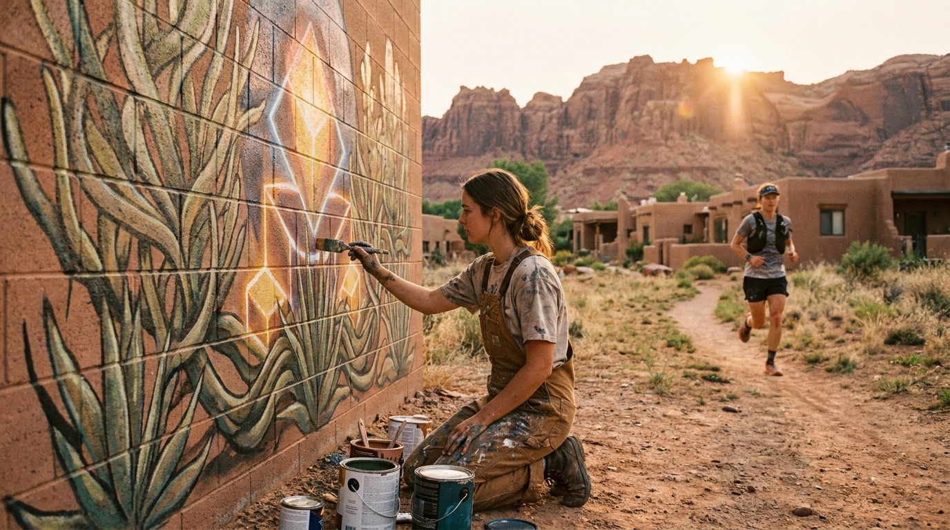 Young woman with paint-covered hands carefully applying vibrant acrylic colors to a large brick wall mural in a small de
