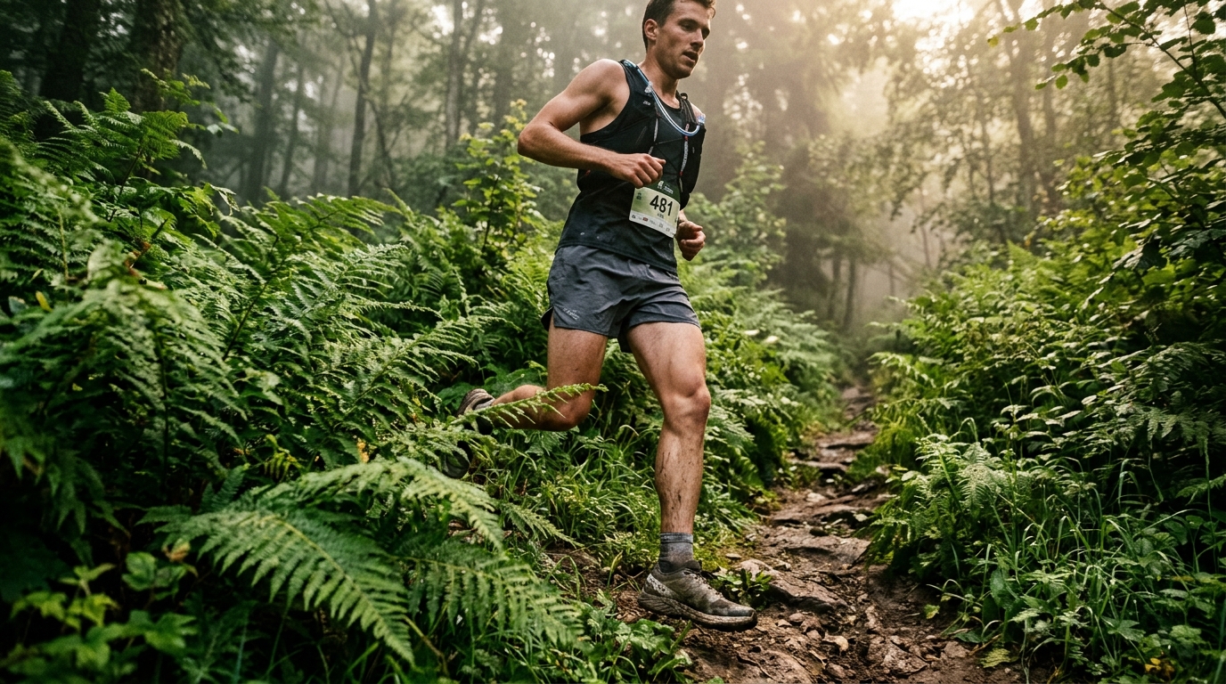 Trail runner in lightweight shorts and trail shoes pushing through dense fern undergrowth in a misty French Vosges fores