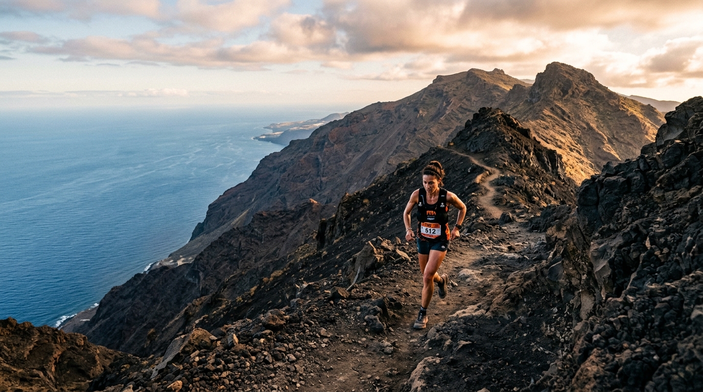 Trail runner ascending steep volcanic ridge at Transvulcania Ultramarathon on La Palma island Canary Islands, dramatic b