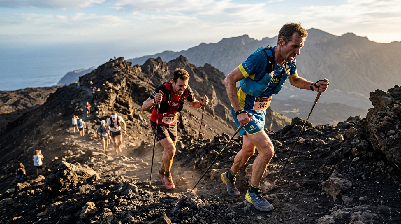 Two exhausted trail runners competing on steep rocky volcanic final climb at ultramarathon race La Palma Canary Islands,