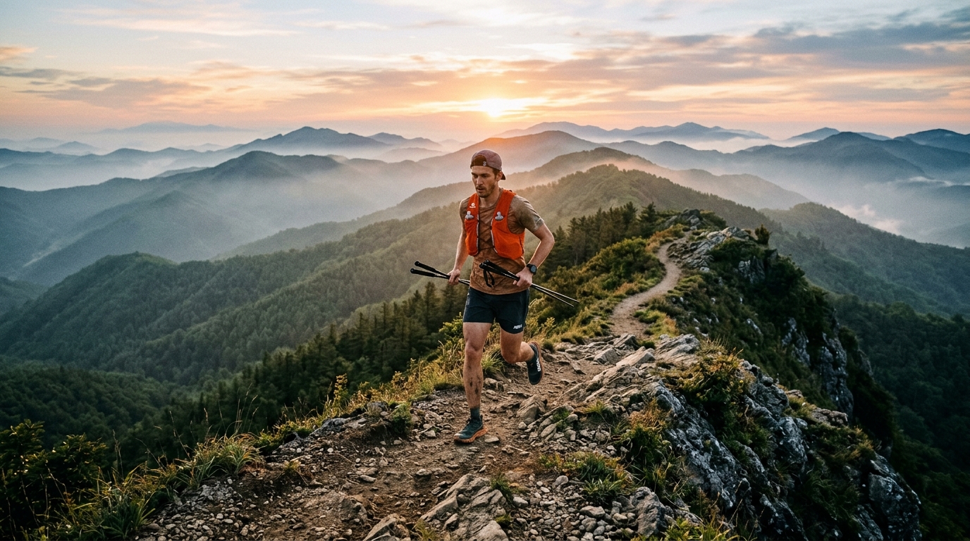 Ultra trail runner alone on a narrow mountain ridgeline in South Korea, Taebaek mountain range, misty pine forests stret