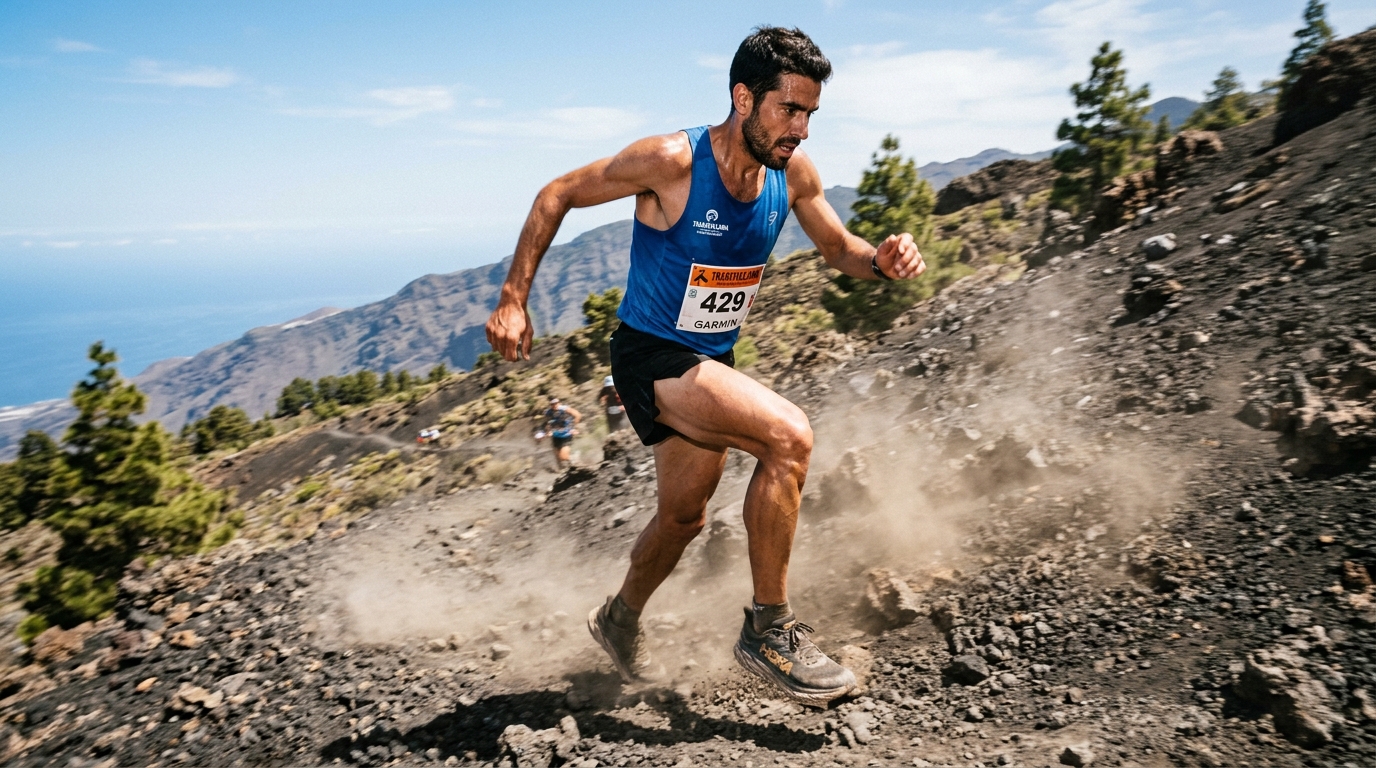 Trail runner at full sprint descending steep loose volcanic black gravel slope on La Palma Canary Islands, low upward an