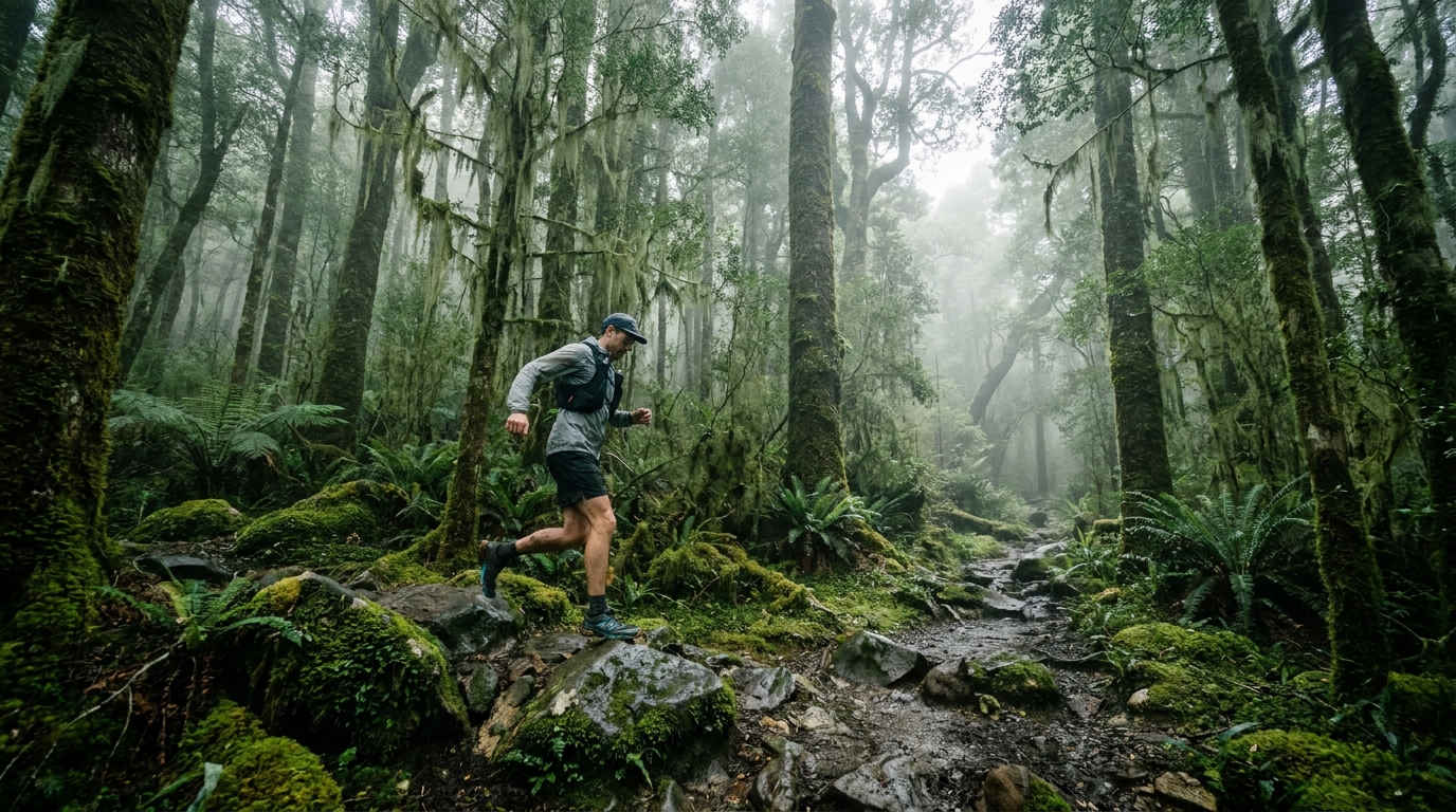 Trail runner wearing technical trail running shoes crossing wet mossy rocks in ancient takayna Tarkine temperate rainfor