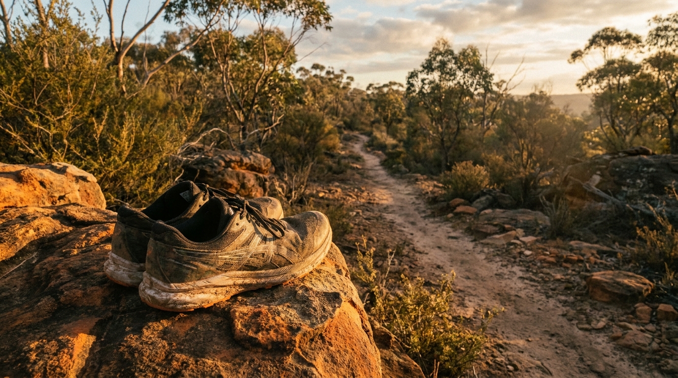 Pair of trail running shoes placed on burnt orange sandstone rock in Western Australian outback scrubland at sunrise, go