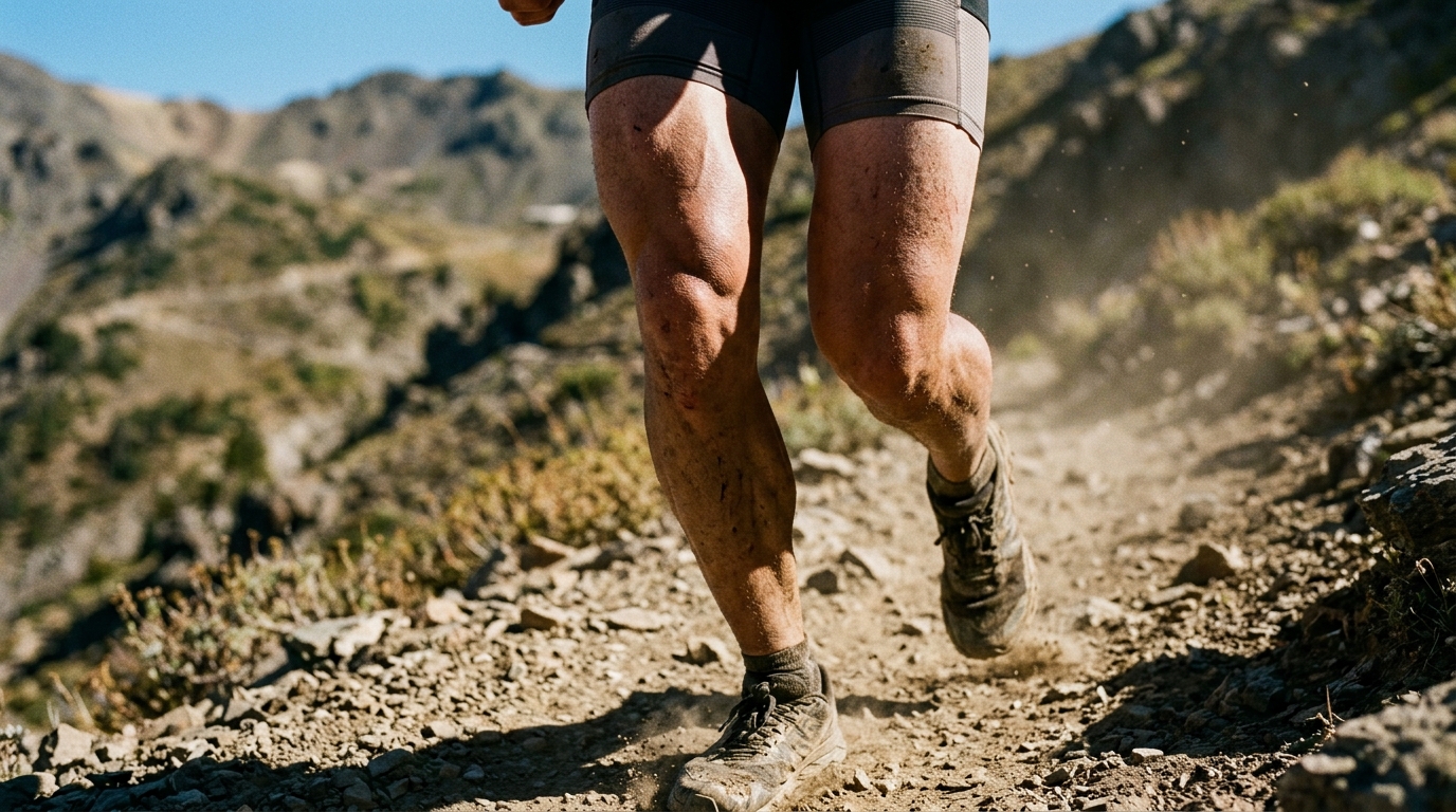 Extreme close-up of an ultramarathon runner's quadriceps and calves on a steep rocky mountain descent trail, muscles vis