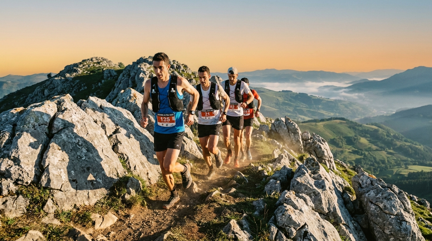 Elite trail runners racing on exposed rocky ridge of Aizkorri massif in Basque Country Spain, steep technical terrain wi
