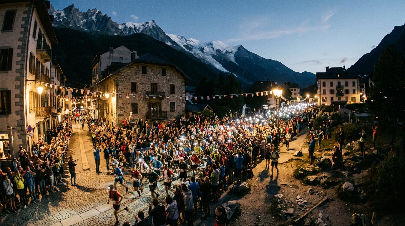 Thousands of trail runners with headlamps departing Chamonix town center at night, dense river of lights stretching towa