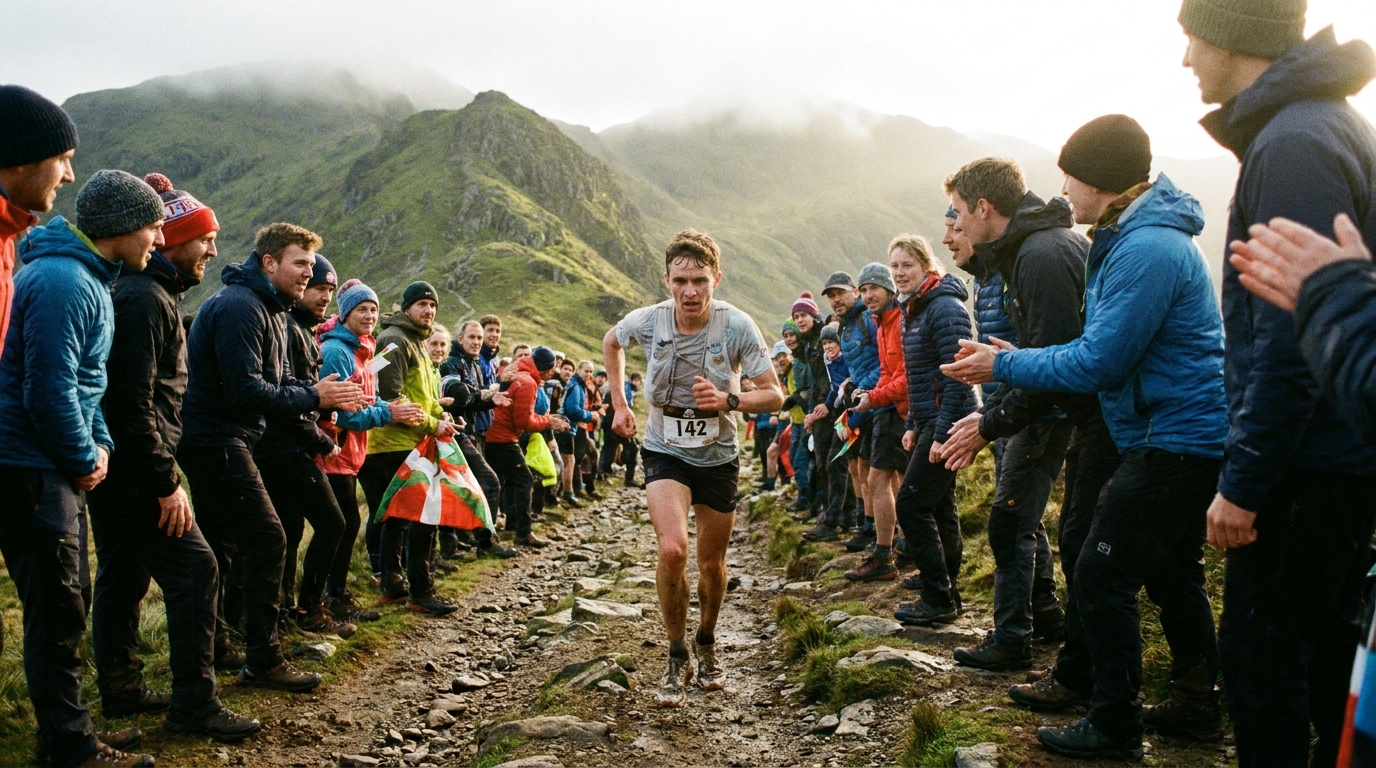 Elite mountain runner sprinting uphill on steep grassy Basque mountain slope, golden morning light, narrow rocky technic