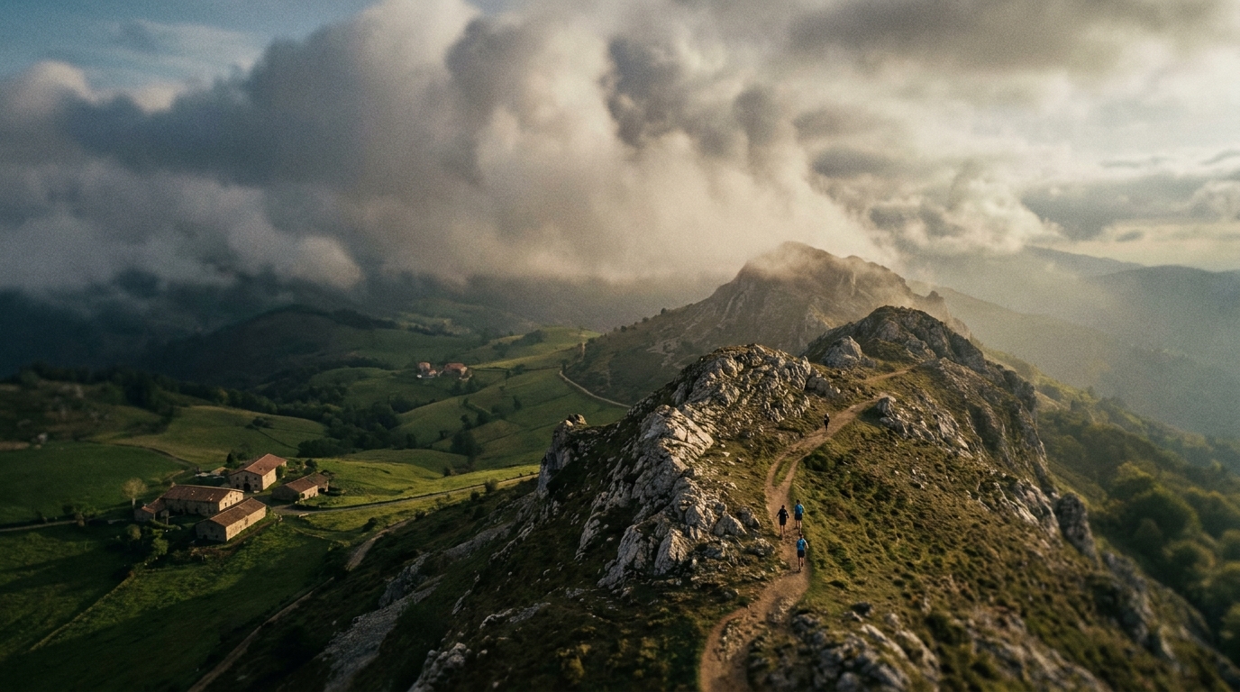 Panoramic aerial view of Aizkorri massif mountain range in Basque Country Spain, exposed rocky ridgeline trail with smal
