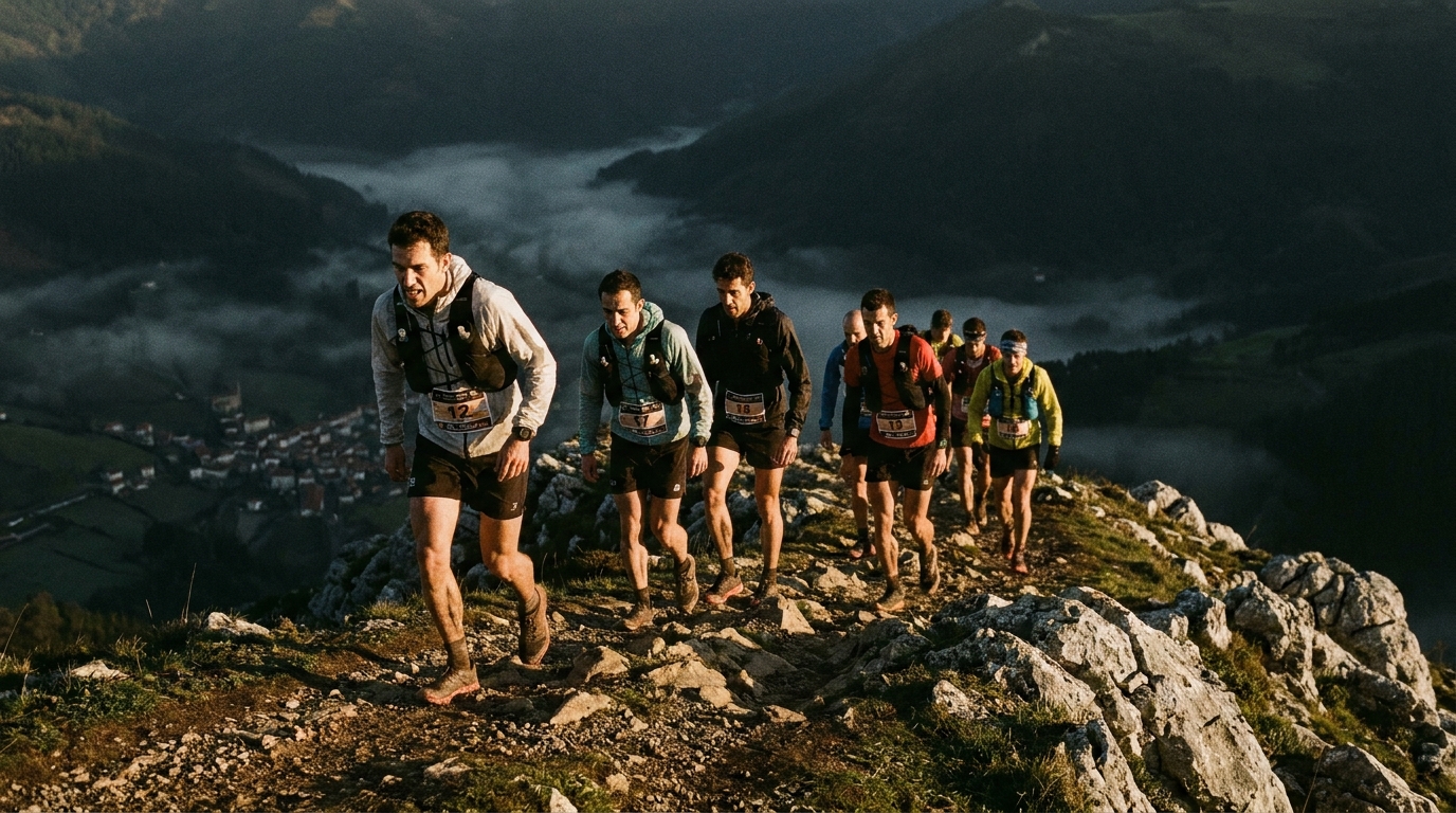 A dense pack of elite trail runners storming up a steep rocky ridge in the Aizkorri massif at dawn, Zegama village visib