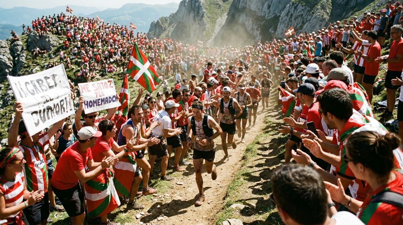 Massive crowd of spectators in traditional Basque colors lining both sides of a narrow mountain trail in the Aizkorri pe
