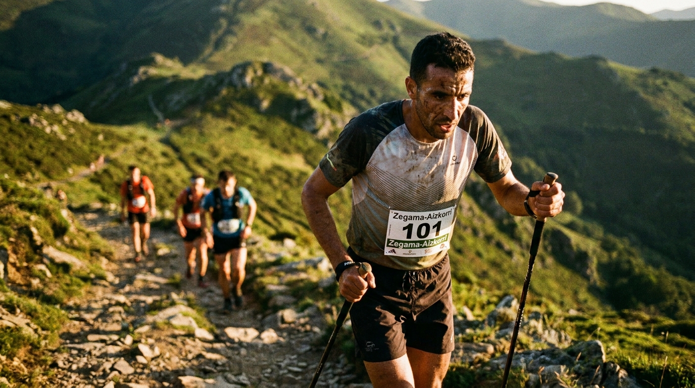 Elhousine Elazzaoui trail runner pushing hard on final rocky mountain climb, race bib visible, small pursuing group behi